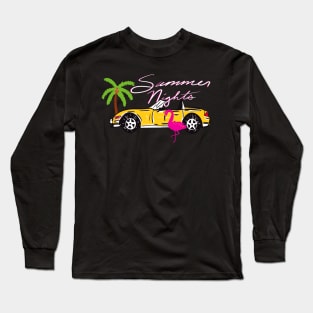 80s Miami Millennial Kitsch Y2K Maximalist Aesthetic Yellow Flamingo Exotic Car Pattern On Yellow Background Long Sleeve T-Shirt